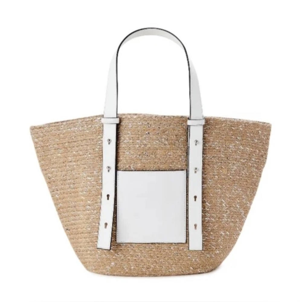 Woven Tote Sparkly Bag Raffia Bucket With Faux White Leather Pockets And Straps